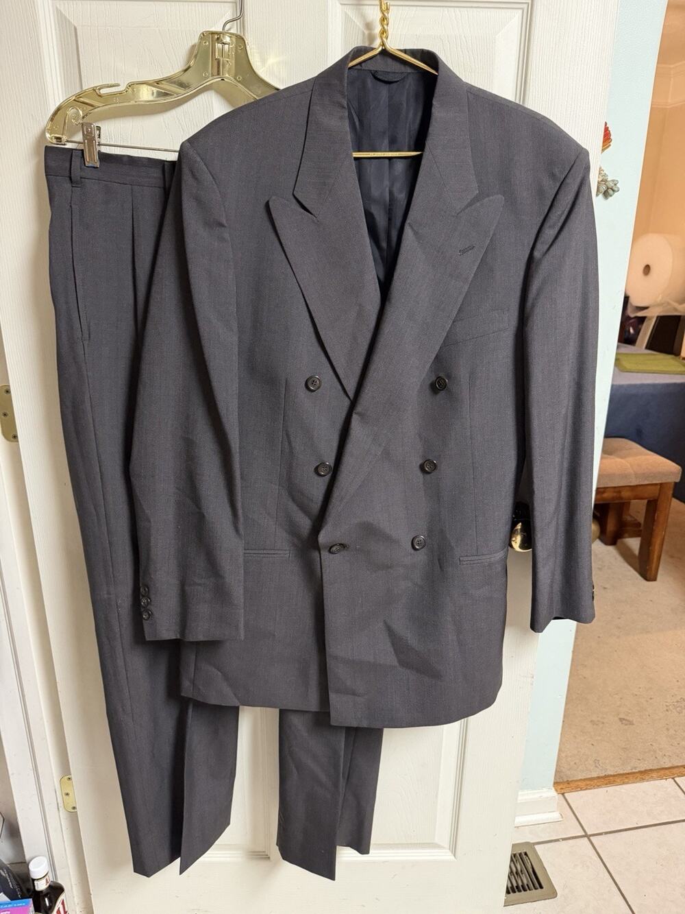 VTG Pierre Cardin Suit Mens 44L Gray Double Breasted Wool Jacket Pants 40x32 90s